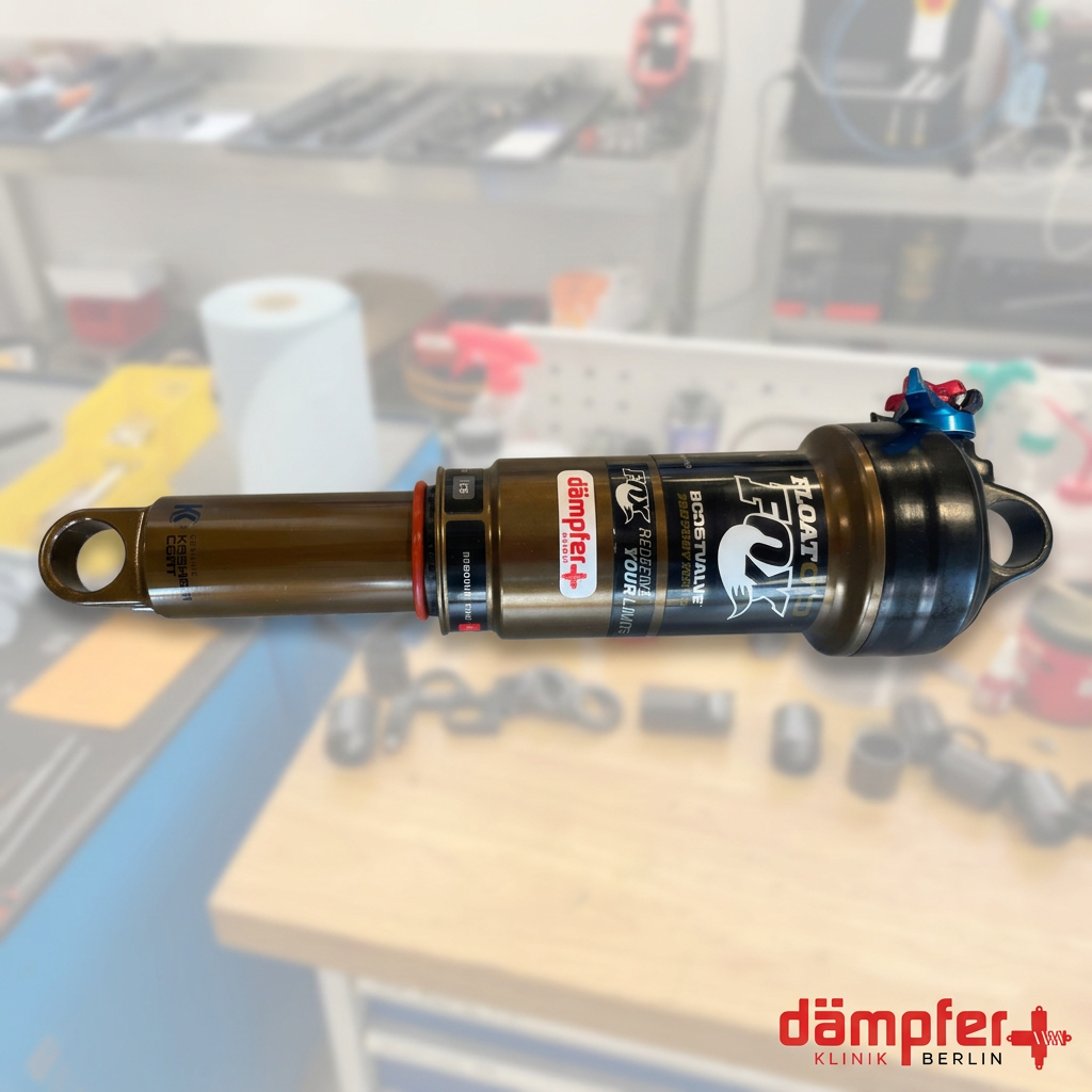Fox Float CTD vor Werkstatt-Hintergrund mit Dämpferklinik-Logo